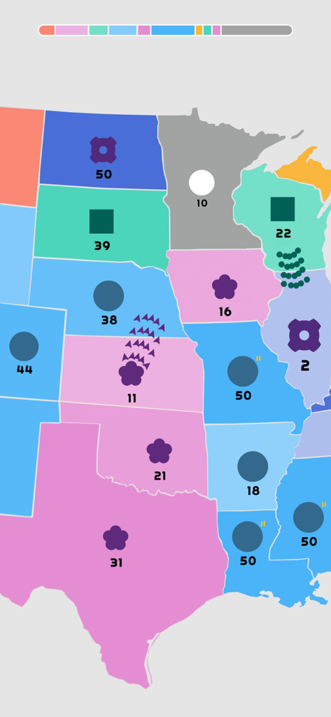Juego de estrategia minimalista de State io que muestra unidades atacando territorios en un mapa de EE. UU.