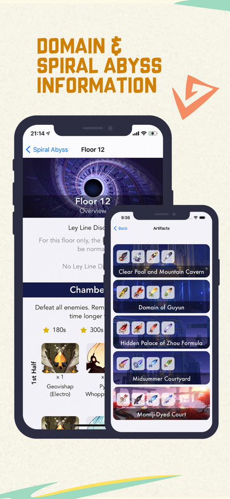 GI Pocket Helper - Screenshots of the GI Pocket Helper app displaying Spiral Abyss floor details and game domain artifact lists