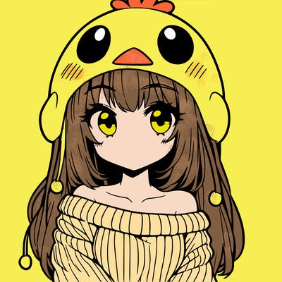 anime girl with chick shaped hat with sweater with bare shoulders with bangs covering them one eye with low tail