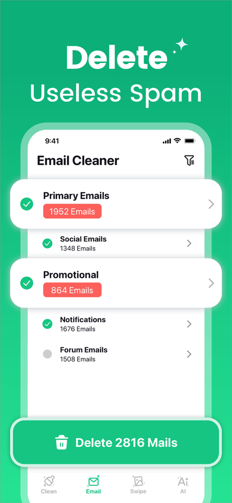 AI Phone Cleaner・Photo Swipe - Tela do aplicativo AI Phone Cleaner mostrando a ferramenta de limpeza de e-mail para excluir em massa e-mails de spam e promocionais inúteis.