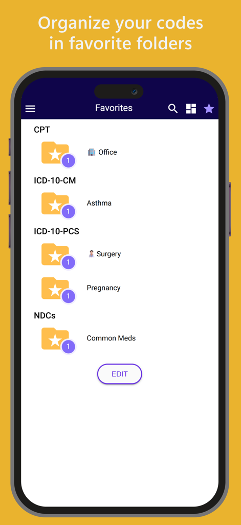 Écran mobile de l'application iCoder montrant les codes CPT et ICD-10 organisés dans des dossiers de favoris catégorisés