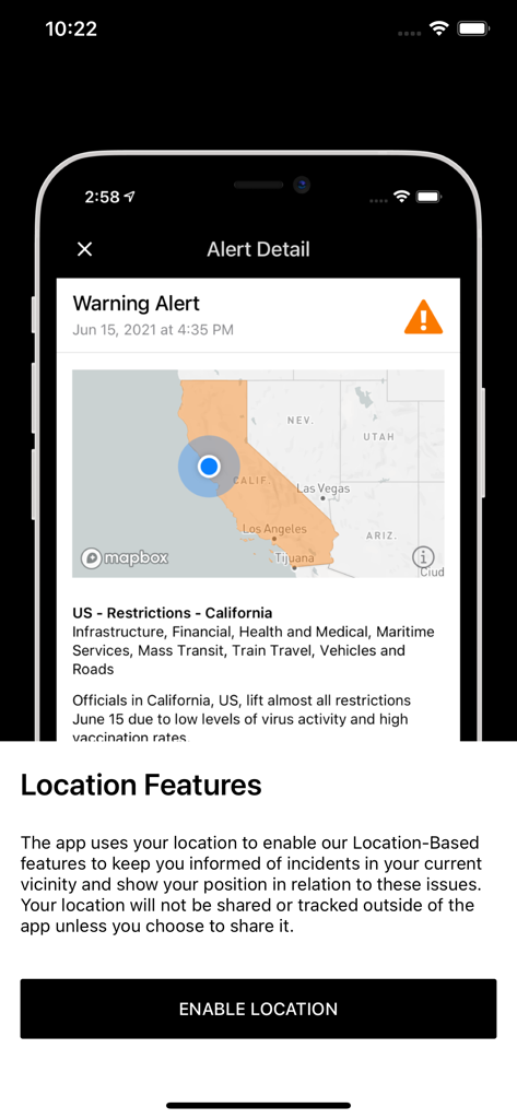 Crisis24 Horizon Mobile - Interface of the Crisis24 Horizon Mobile app showing a location feature prompt and a specific alert detail for California.