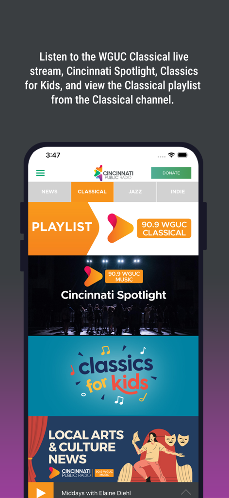 Cincinnati Public Radio - Cincinnati Public Radio app interface showing WGUC classical music streams and local arts news