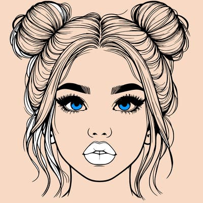 realistic girl with two buns on her hair and lips