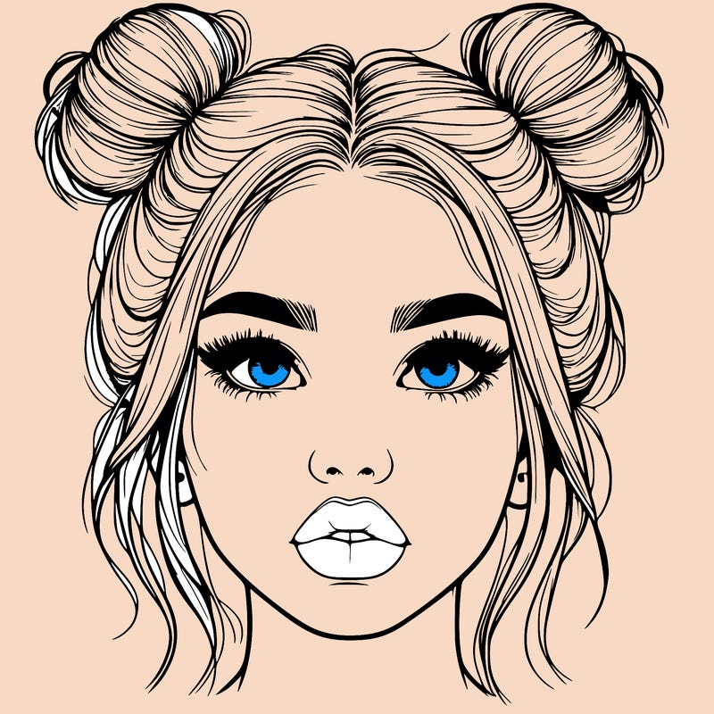 realistic girl with two buns on her hair and lips