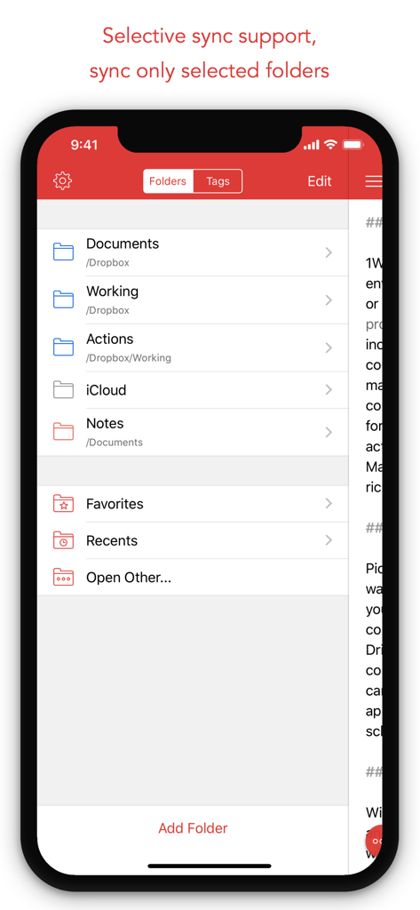 1Writerアプリのインターフェースが、DropboxとiCloudのフォルダ整理と選択的同期オプションを表示