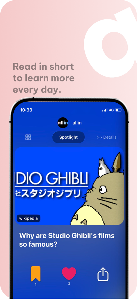 allin - Information you need - Smartphone che mostra l'app allin con un articolo in primo piano sui film dello Studio Ghibli.
