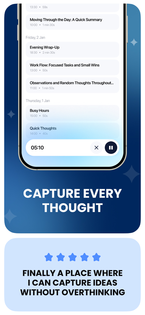 AI Note Taker & Voice Notes - Interfaz de la aplicación móvil AI Note Taker que muestra una lista de grabaciones de voz y resúmenes con el título captura cada pensamiento
