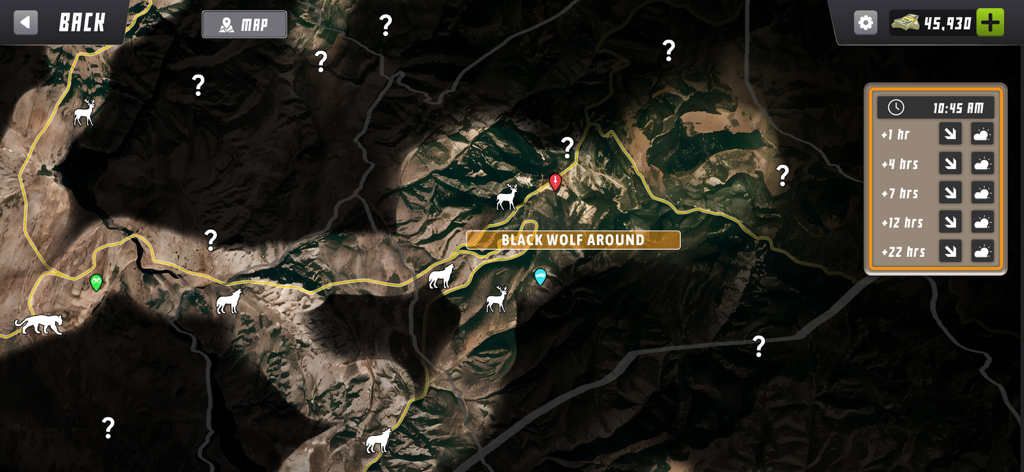 Vista de mapa táctico desde arriba que muestra la ubicación de los animales y las condiciones climáticas en un juego de caza de ciervos.