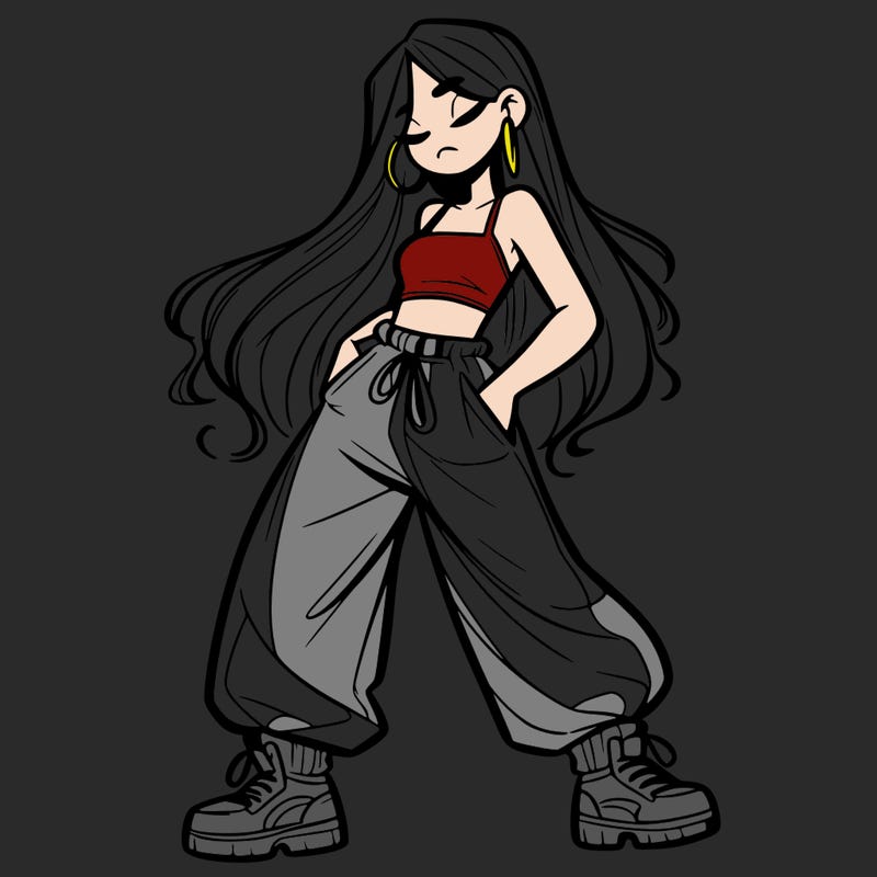 girl in baggy pants crop top and long hair