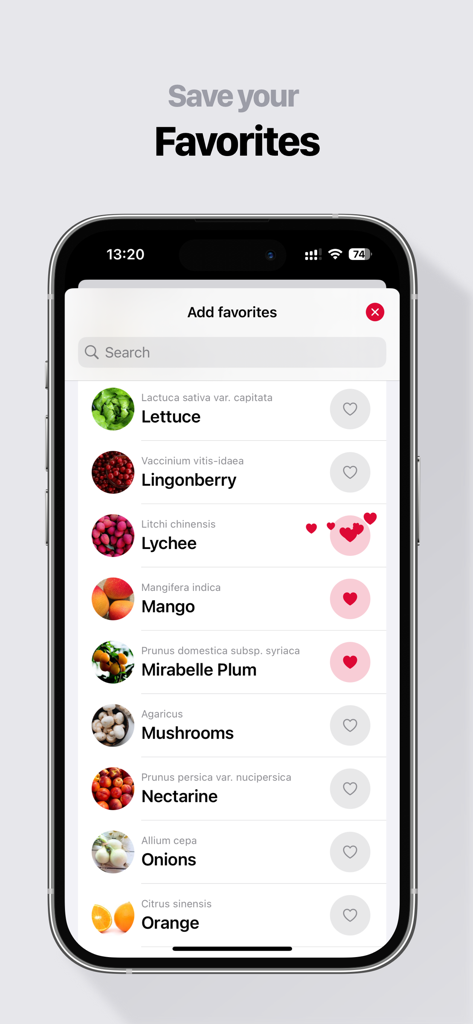 In Season: eat fresh & healthy - Écran de smartphone de l'application In Season montrant une liste de produits avec des icônes de cœur pour marquer les favoris