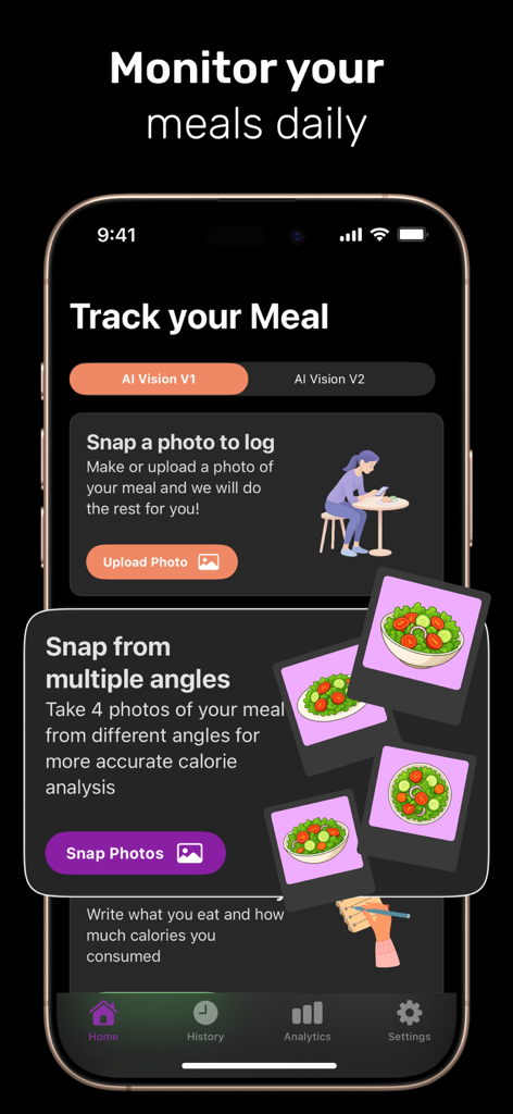 Nutri Snap: AI Calorie Counter - Interfaz de la aplicación Nutri Snap que muestra las funciones de seguimiento de comidas y registro de fotos con IA