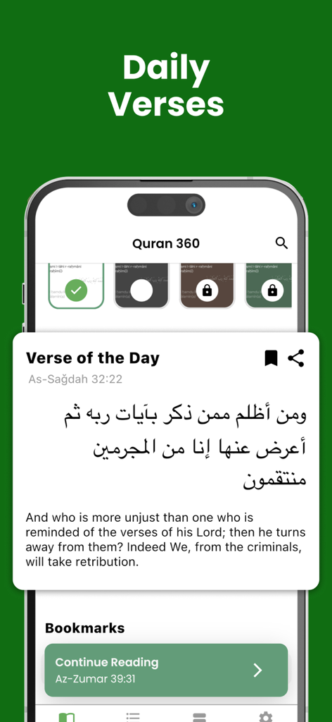 Quran 360: AlQuran English - Quran 360 mobile app interface showing a Verse of the Day with Arabic text and English translation.
