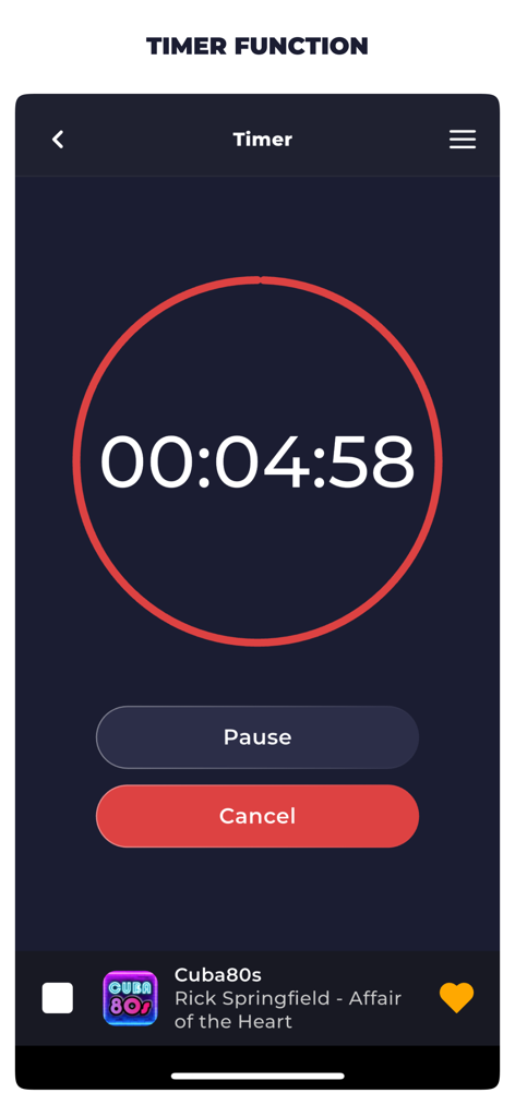 Radio Cuba Live FM AM Online - Sleep timer interface of the Radio Cuba Live app showing a countdown clock and playback controls.