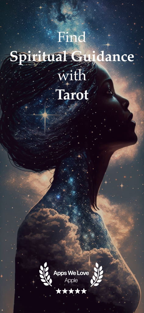 Witch - AI Tarot Card Reading - Silueta celestial de una mujer llena de estrellas con el texto Encuentra Guía Espiritual con Tarot