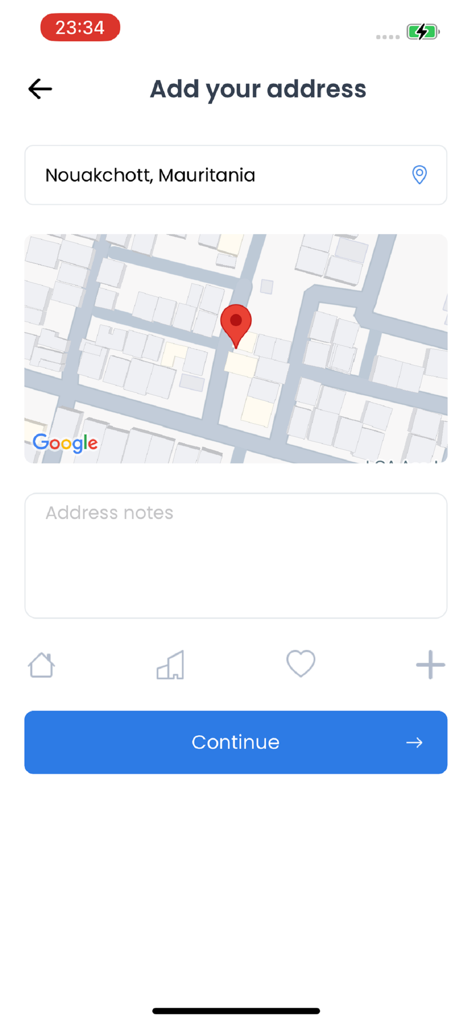 Jeyaboo - 지도 보기와 주소 메모 필드가 있는 배달 주소 입력용 Jeyaboo 모바일 앱 화면