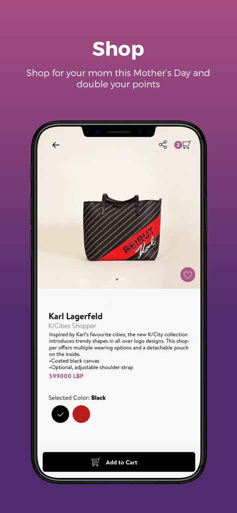 Mobile screen showing a product page for a Karl Lagerfeld bag on the ABC Lebanon shopping app