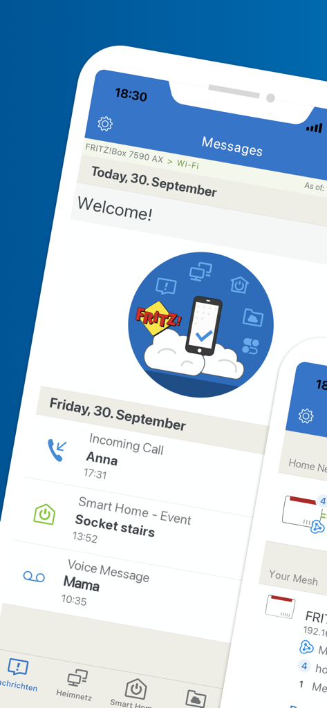 MyFRITZ!App - Pantalla de mensajes de MyFRITZ App mostrando el registro de llamadas entrantes y notificaciones de eventos del hogar inteligente