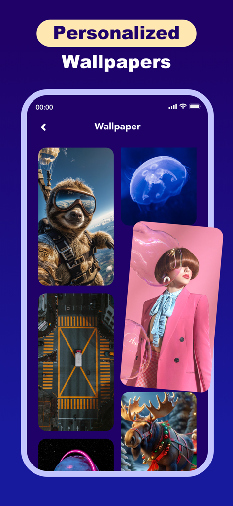 Linkup Speed - VPN Tool - Interface of the Linkup Speed app showing a selection of personalized wallpapers including a sloth and a fashion model