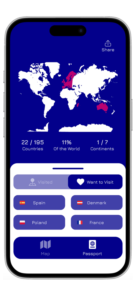 My World | Travel Map - A mobile app screen showing a world travel map with visited countries and a wishlist