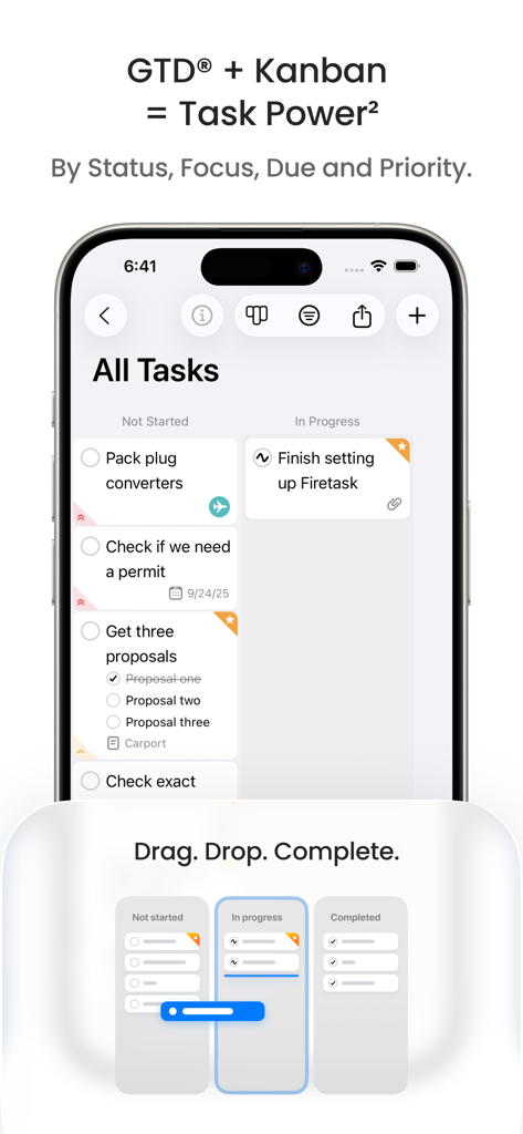 Interface de l'application Firetask 5 montrant un tableau Kanban avec des cartes de tâches organisées par statut sur un écran d'iPhone