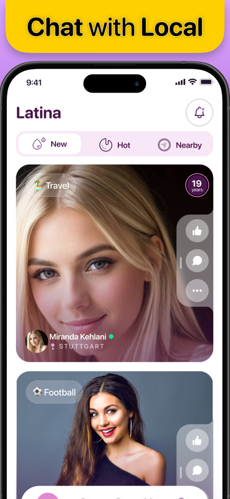 Latina Dating : Chat & Meet - Latina Dating app interface showing profiles of local singles for chatting and meeting.