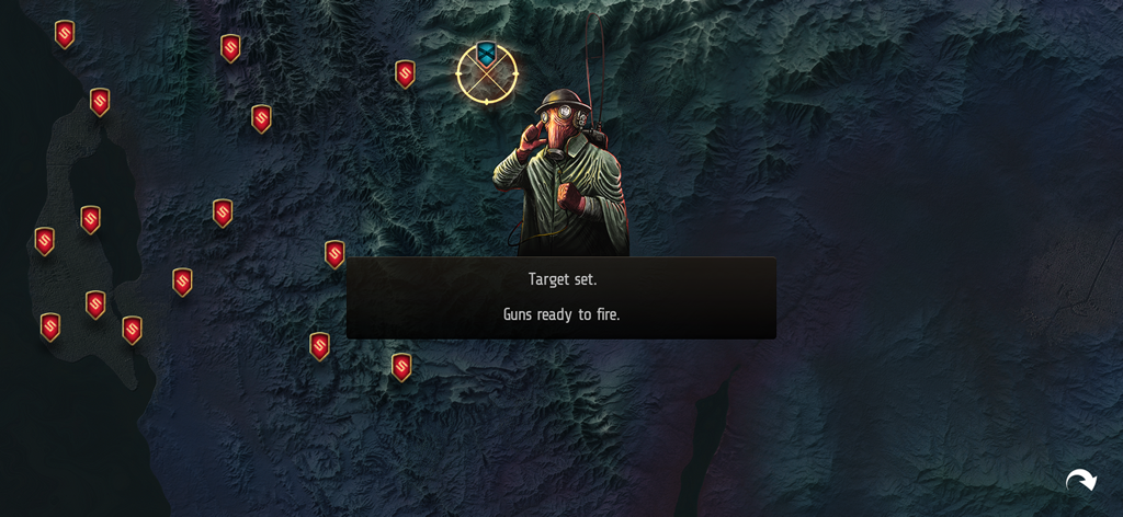 Strategic campaign map in REDCON showing target markers and a soldier in a gas mask