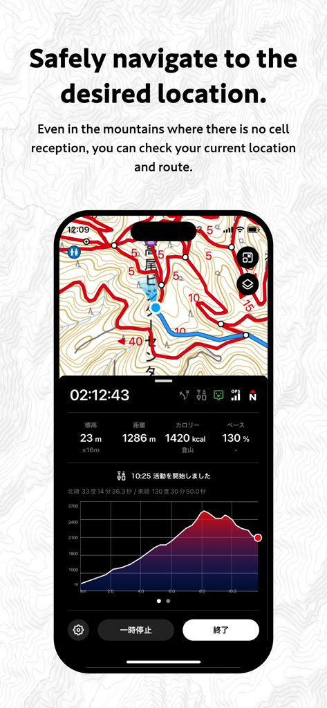 YAMAP Outdoor-App-Oberfläche mit einer topografischen Karte mit Wanderweg und Höhenstatistiken.