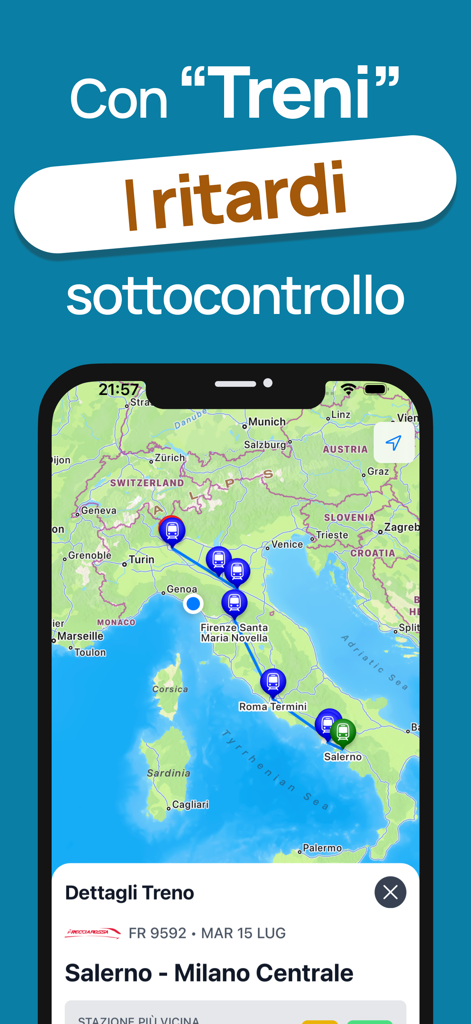 Mappa live dell'Italia che mostra un percorso ferroviario da Salerno a Milano con stato in tempo reale