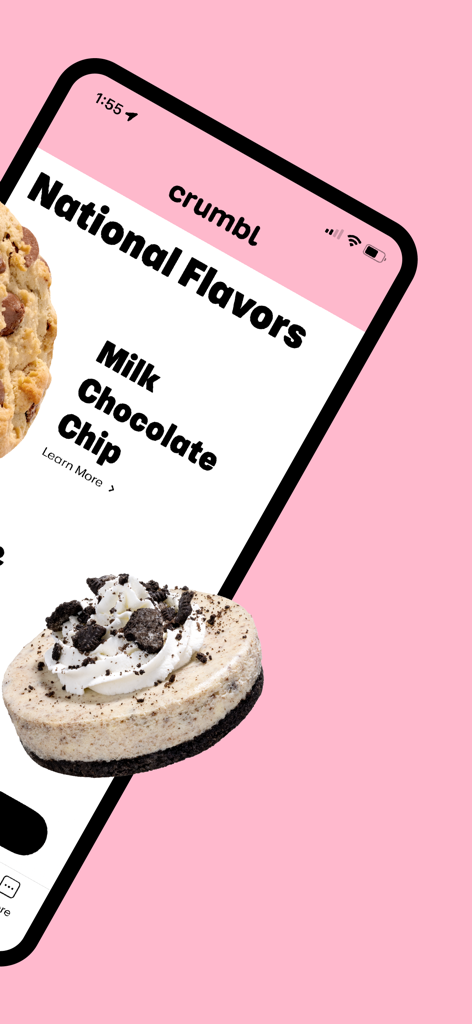 The Crumbl app interface displaying the National Flavors menu with Milk Chocolate Chip cookie and Oreo cheesecake on a pink background.