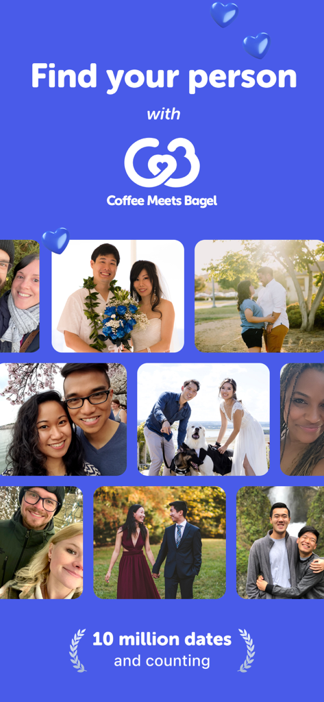 Marketing banner for Coffee Meets Bagel dating app featuring happy couples and a tagline about finding your person.