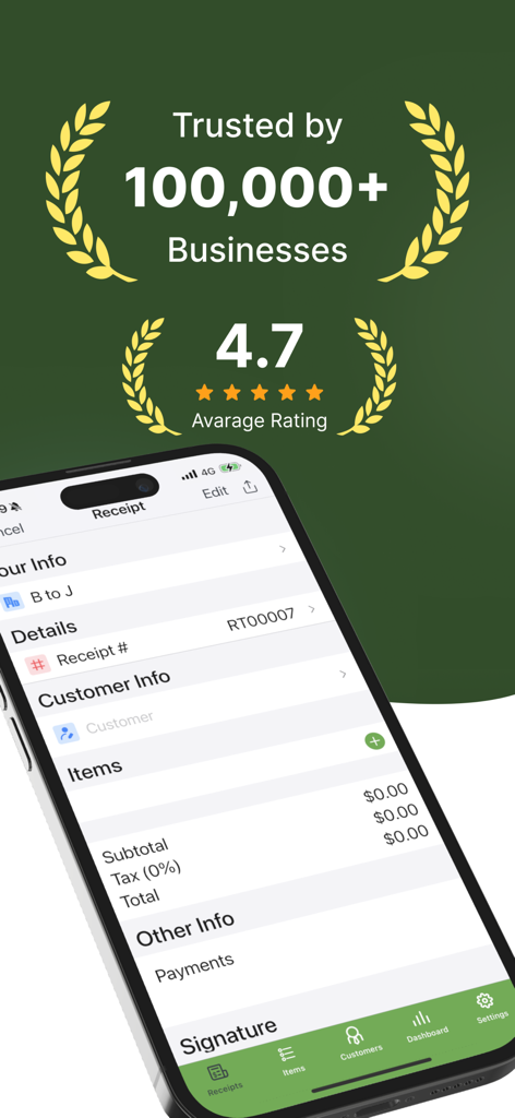 Receipt Maker - Receipt Maker app display showing a 4.7 star rating and professional digital receipt creation screen on a smartphone.