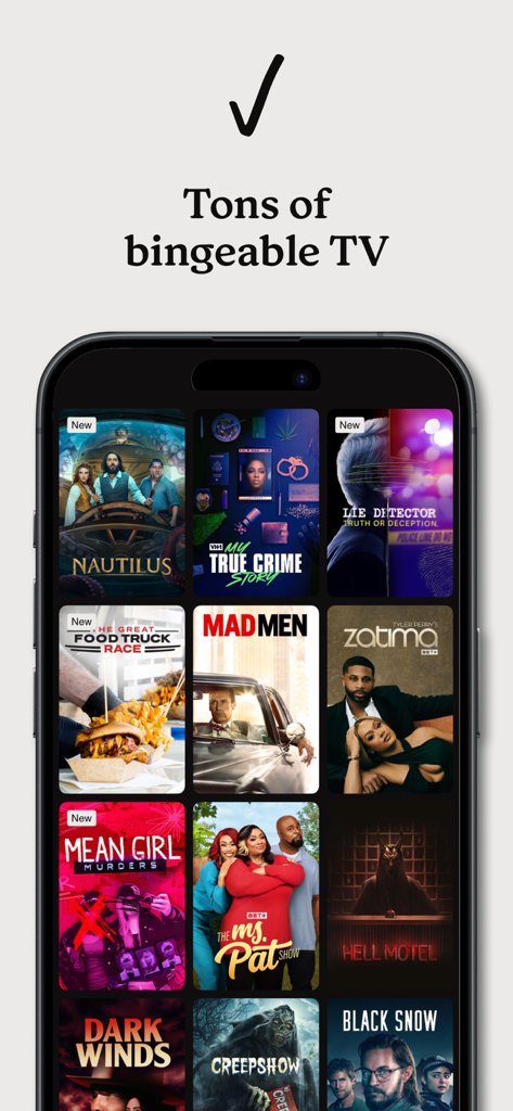 A smartphone displaying the Philo app interface with a grid of TV shows including Mad Men and Dark Winds under the heading Tons of bingeable TV.