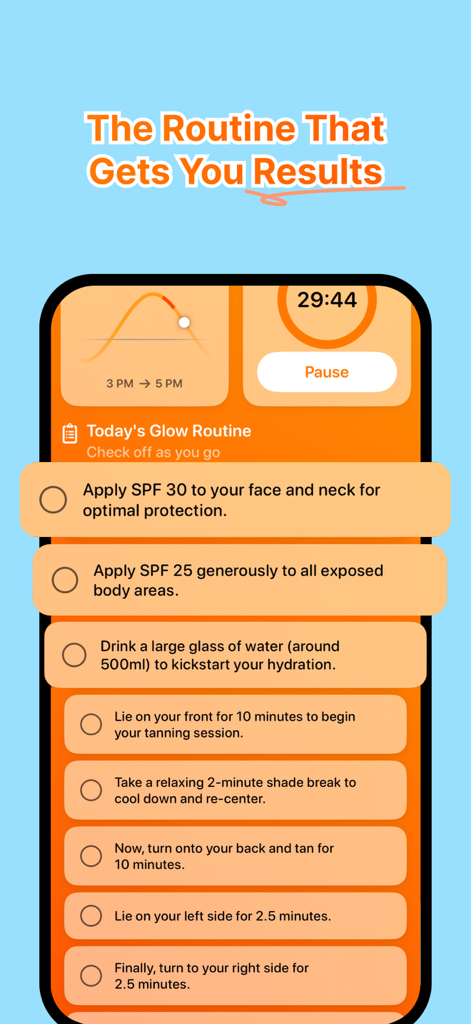 Sunkiss AI - Tan & UV Tracker - A personalized tanning routine checklist in the Sunkiss AI app showing SPF reminders and timed sun exposure steps.