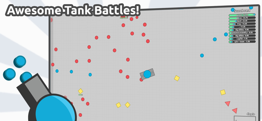 diep.io - Gameplay de combat de tanks minimaliste dans diep.io avec projectiles et tableau des scores