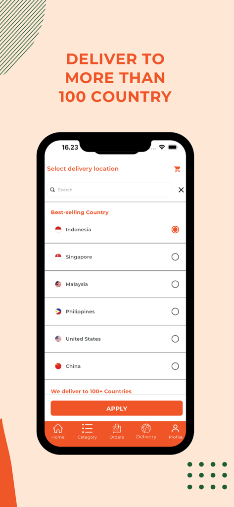 FlowerAdvisor - Flowers & Gift - FlowerAdvisor app interface for choosing a delivery country from over 100 available locations