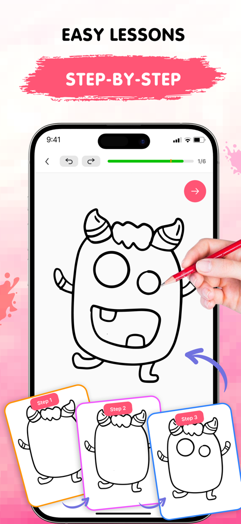 Easy Draw mobile app showing step by step drawing lessons for a monster tutorial