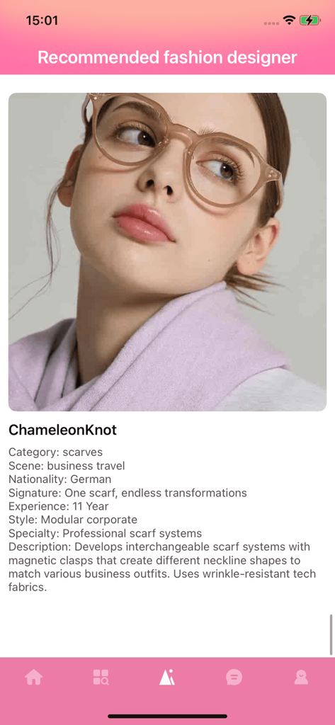 Una página de perfil de un diseñador de moda recomendado que se especializa en estilismo de bufandas para viajes de negocios.