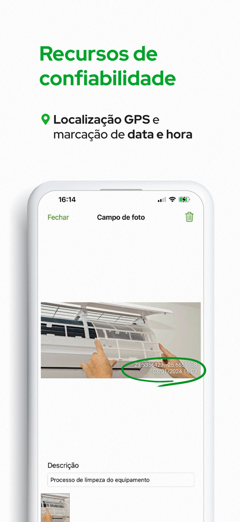 Produttivo: Ordem de Serviço - Mobile app interface showing a maintenance photo with embedded GPS coordinates and timestamp for service accountability