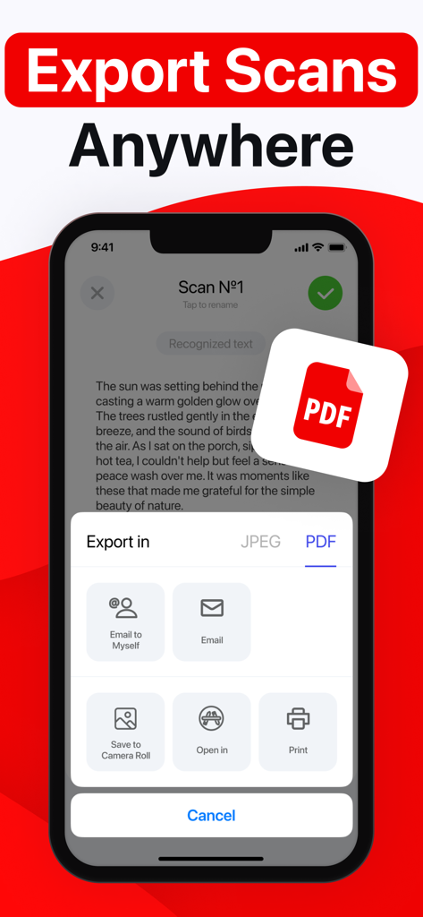 PDF Scanner aрp - Scanner App Pro interface showing options to export and share scanned documents as PDF or JPEG
