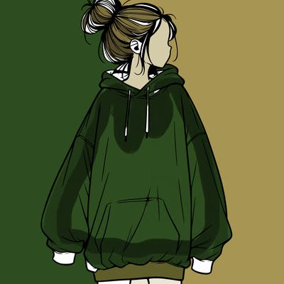 realistic girl with a oversized sweatshirt on and a bun