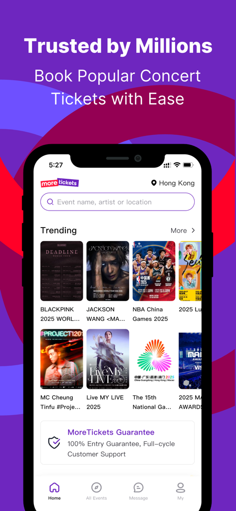 MoreTickets: Millions’ Choice - 인기 콘서트 및 스포츠 이벤트 목록을 보여주는 MoreTickets 앱의 홈 화면.