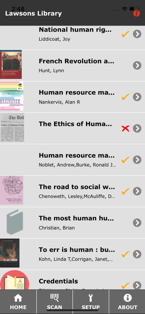 Liberty Link - Library book list in the Liberty Link app showing resource titles and availability status.