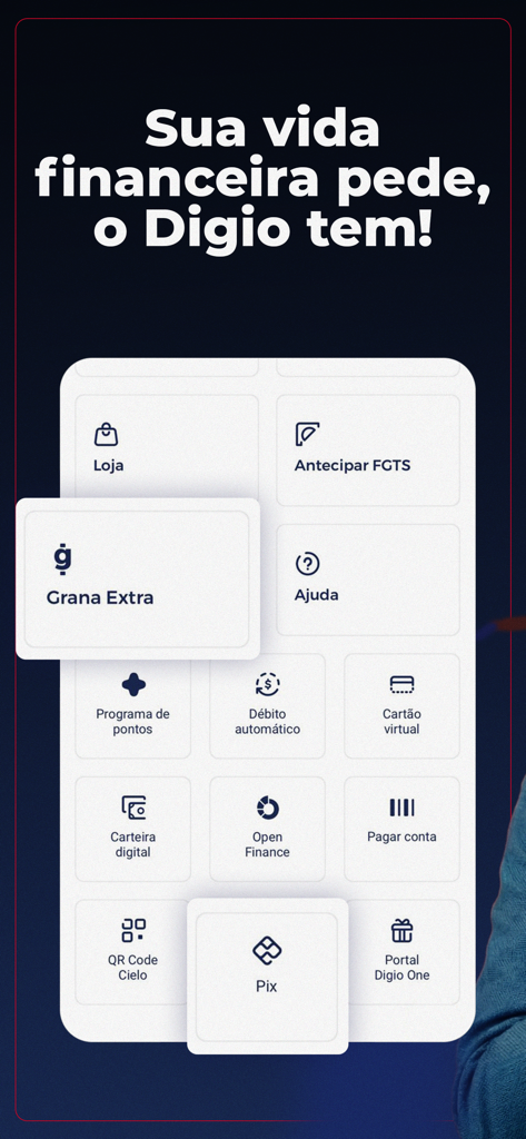 Interface of the Digio app showing a menu of digital banking services including Pix and FGTS