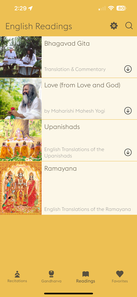 Maharishi Veda - Maharishi Veda app screen displaying a list of English readings including Bhagavad Gita and Upanishads.