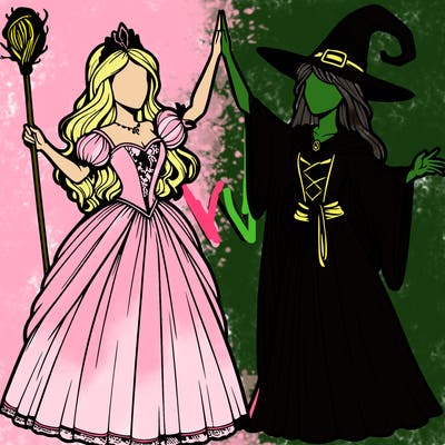 detailed realistic split of a princess and a witch