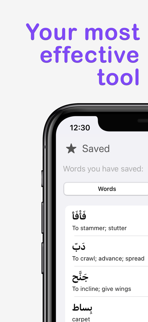 Qamoos Arabic Dictionary - Interface showing saved Arabic words and English translations in the Qamoos dictionary app