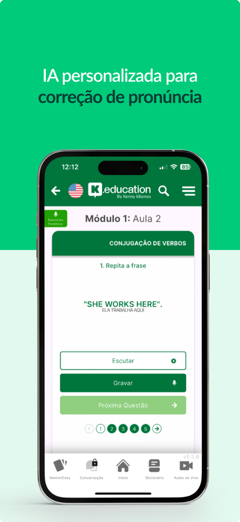 K.education - K.education app interface showing an English pronunciation lesson with AI correction feedback