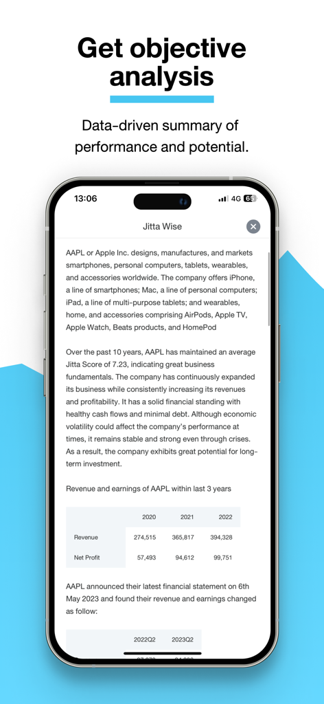 Jitta: Value Investing Intel - Un resumen del rendimiento y el potencial de las acciones basado en datos para Apple Inc dentro de la interfaz de la aplicación Jitta Wise