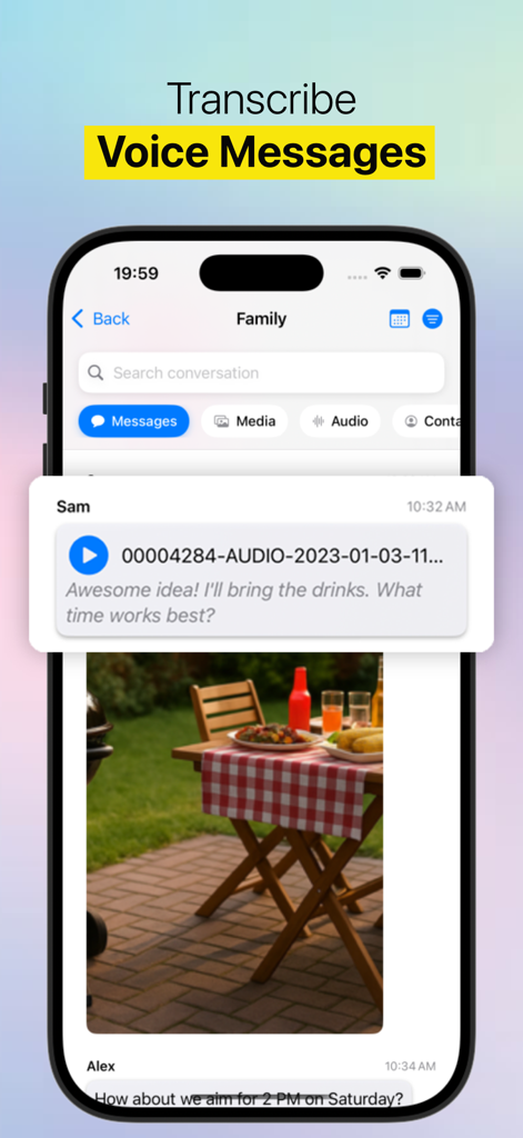 Chat Archive – WhatsApp Backup - Screenshot of the Chat Archive app showing a transcribed WhatsApp voice message in a chat conversation.